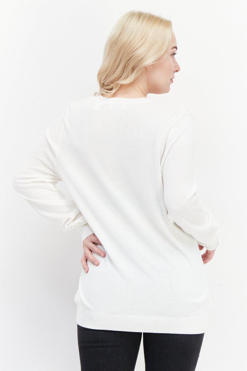 Greg Norman Women V-Neck Long Sleeves Textured Sweater, White - Image 2